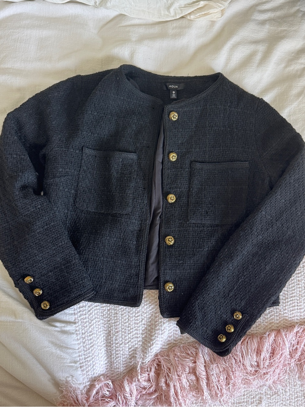 Aqua Five Button Black Tweed Jacket with brass gold details and front pockets XL